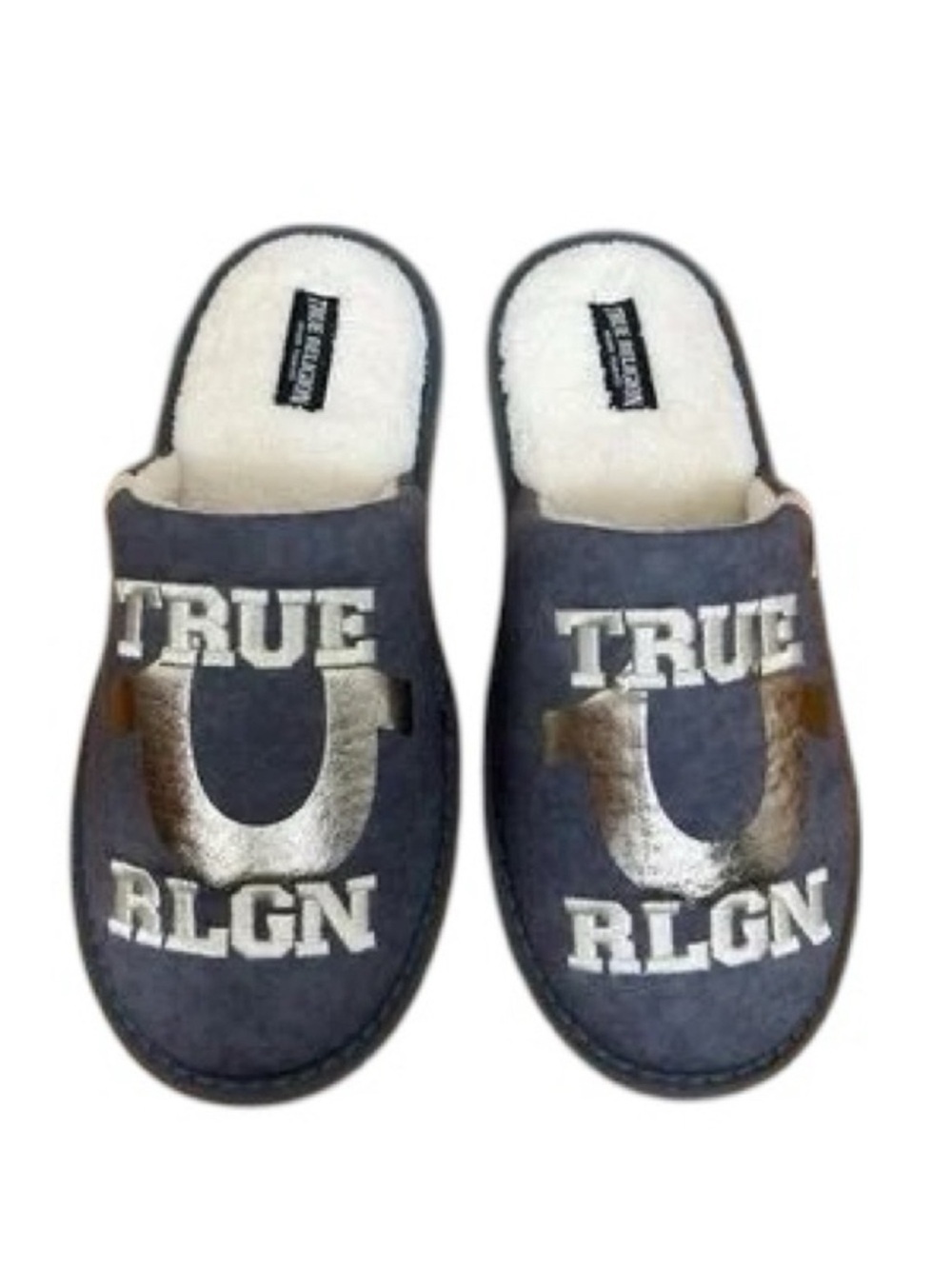 Sz 7-8 True Religion Navy Faux-Fur Lined Slide Slippers